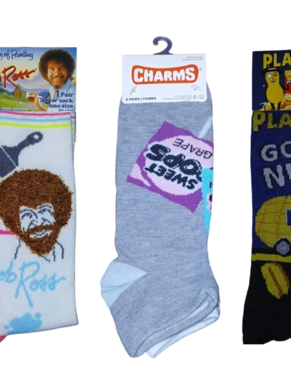 Whimsical Crew Sock Trio: Bob Ross, Charms Candy, & Planters Peanuts